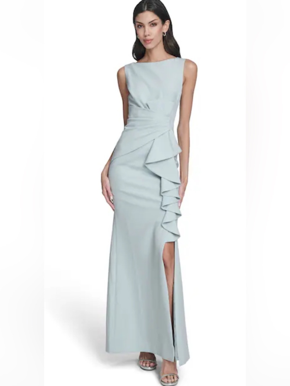 Eliza J Crepe Cascade Ruffle Sleeveless Gown, Sz 8, Color: sage